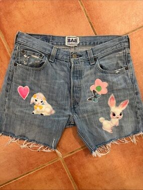 Levi Denim Blue Distressed Women's Patchwork Shorts with Baby Animals